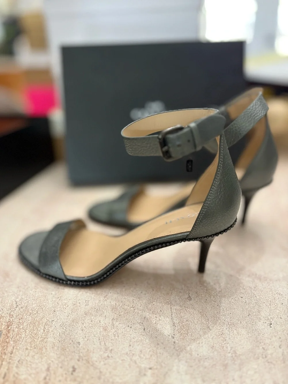 Coach Metallic Gray Ankle Strap Heels